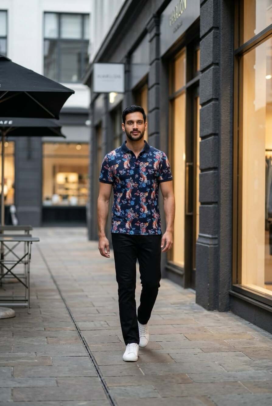 Au Noir Men’s Mackay Navy Peacock & Floral Design Short Sleeve Polo Short